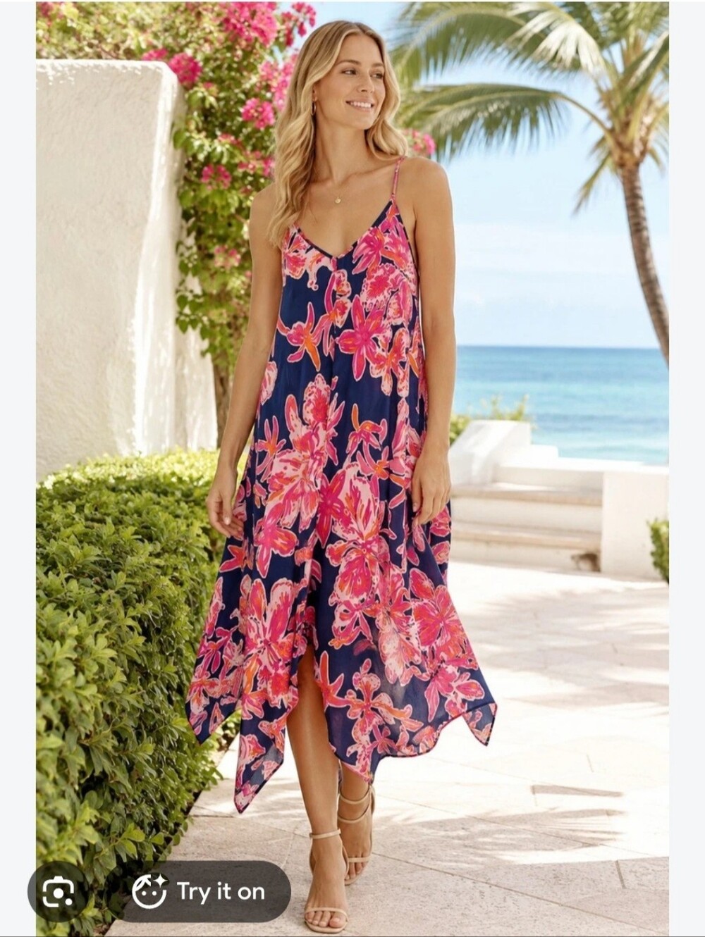 Lilly Pulitzer Rylan 100% Silk Maxi Dress Bright Navy Via Sunny Hankerchief Hem